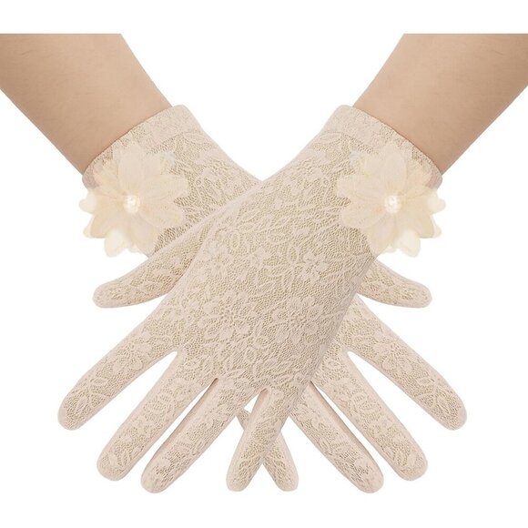 Accessories - Women's Embroidery Beige Short Lace Wrist Gloves Design Party Accessories